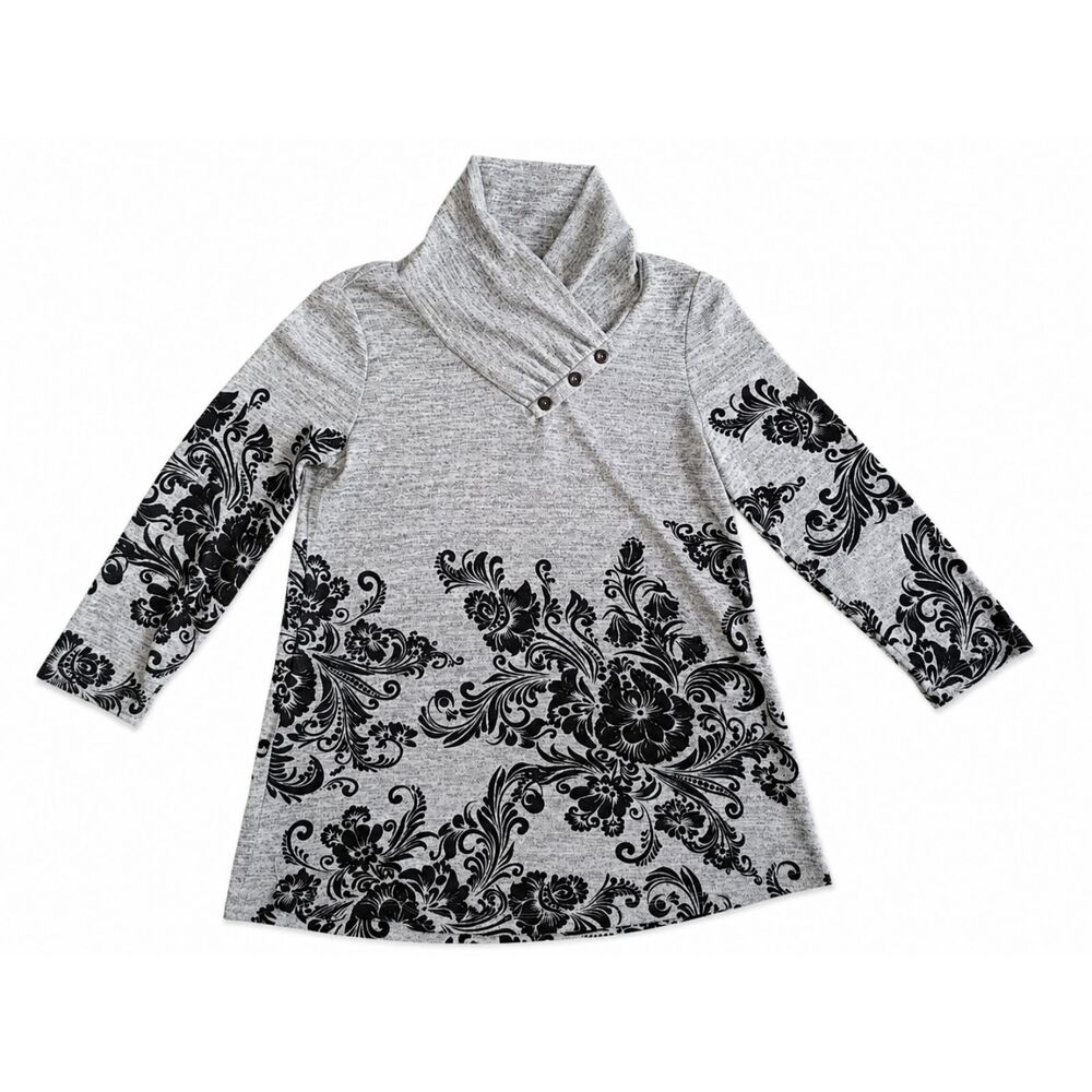 Multiples Womens Small Gray Black Floral Print 3/4 Sleeve Cowl Neck Top Blouse